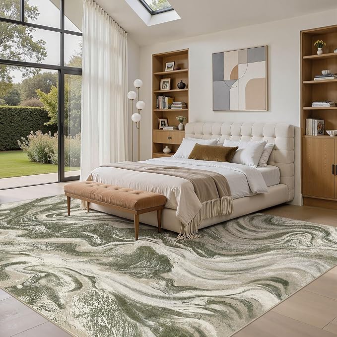 DMOYEST 8x10 Area Rug for Living Room:Washable Modern Neutral Abstract Rug with Low Pile Non Slip Soft Thin Large Indoor Carpet for Bedroom Dining Room Home Office Decor-Olive Green
