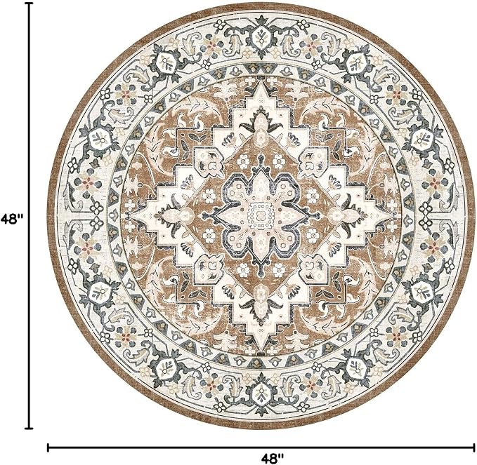 Lessymo 4FT Washable Round Area Rugs for Living Room, Non Slip Circle Rugs Low Pile Vintage Carpet for Bedroom, Dining Room, Nursery, Home Office, Brown Beige