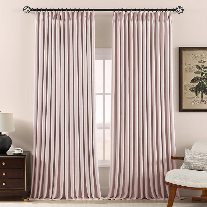 Pinch Pleated Curtains 100% Blackout Linen Curtains 102 Inches Long for Bedroom Living Room, Pink Memory Trained Thermal Insulated Room Darkening Window Pleat Drapes with Hooks, 2 Panels, 40"Wx102"L