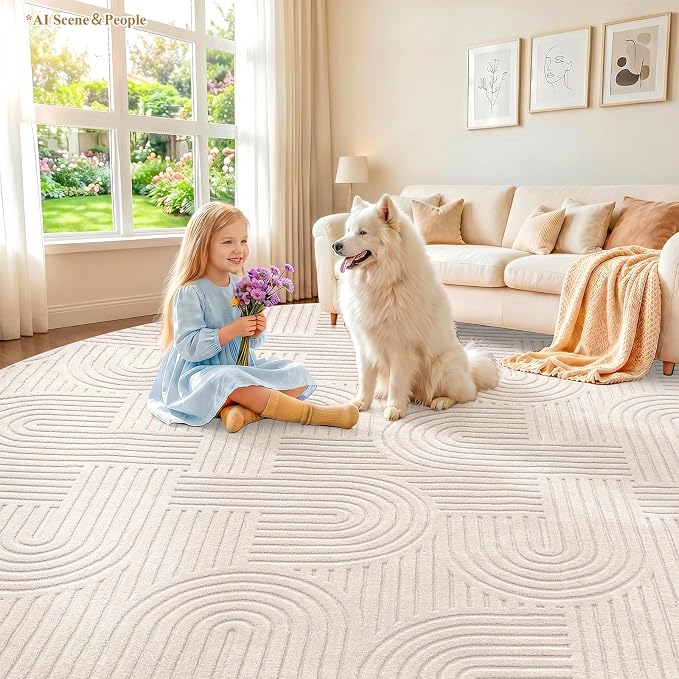 SHACOS Soft Cozy Fluffy Arch High Low Pile Round Rug 8ft Non Slip Washable Scandi Minimalist Circle Area Rug Modern Geometric Carpet for Living Room Bedroom Dining Room Kitchen, Beige