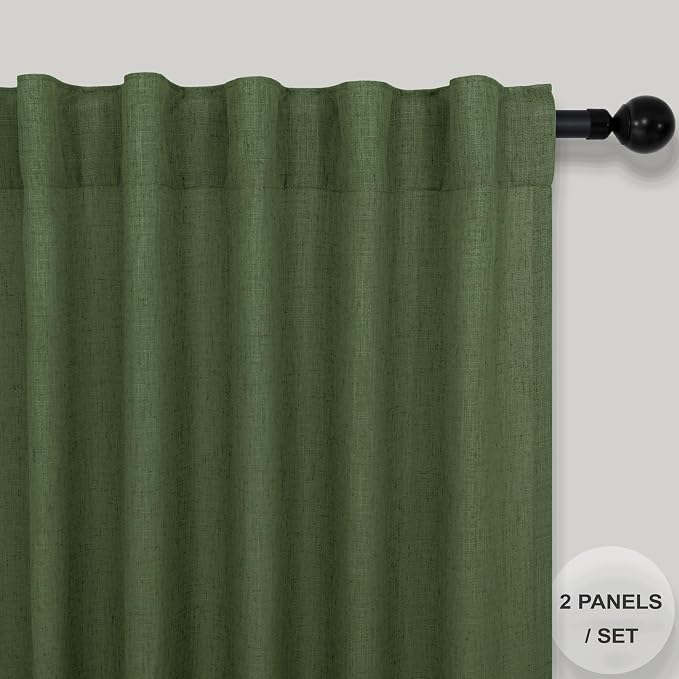 Pitalk Olive Green Curtains 96 Inches 8 FT Long for Living Room 2 Panels Back Tab Pocket Drape Thick Sheer Linen Cotton Modern Rustic Trendy Earthy Army Moss Green Curtain for Bedroom Farm House Decor