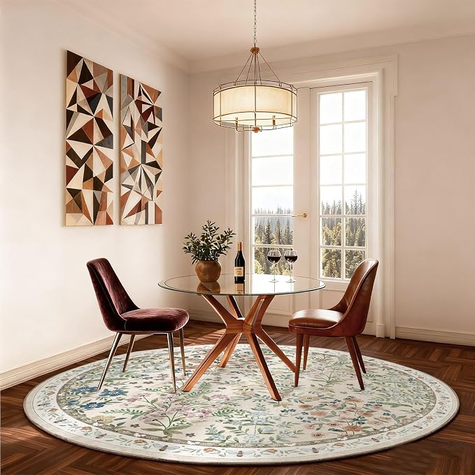 Washable Round Rugs for Bedroom 4ft: Living Room Rug Stain Resistant Non Slip Low Pile Ultra Soft Faux Wool Small Circle Rugs for Entryway Kitchen Bathroom Nursery Entrance Dorm Home Office Indoor