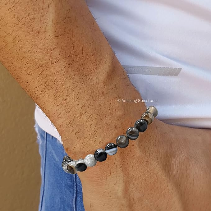 Amazing Gemstone Black Hakik Banded Bracelet for Women Men's Gifts - Protection Healing Crystal Bracelet - 8mm Gemstone Beaded Adjustable Bracelet Pulseras para Hombres Mujer Stocking Stuffers