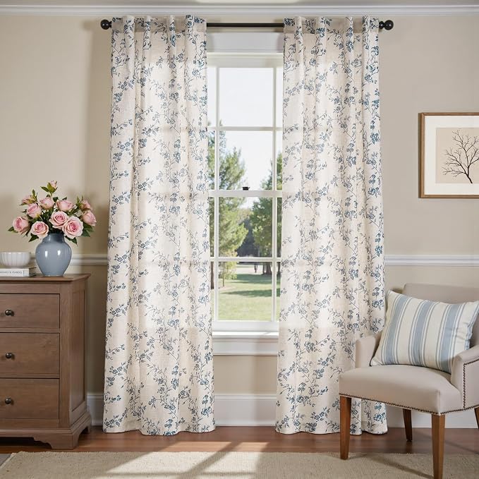 jinchan Blue Floral Linen Curtains 90 Inch Country Drapes Back Tab 2 Panels | Blue on beige, light filtering, farmhouse, rustic, flower, living room, bedroom, dining room, window treatment, home decor