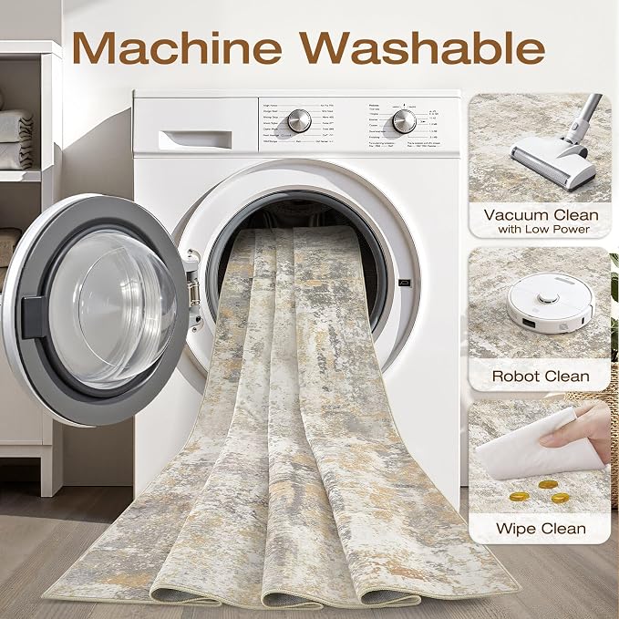 8x10 Area Rugs Living Room: Washable Large Neutral Gray Gold Rug Abstract Soft Modern Stain Resistant Indoor Floor Non-Slip Carpet for Bedroom Nursery Kids Office Playroom Dining Room Under Table Home