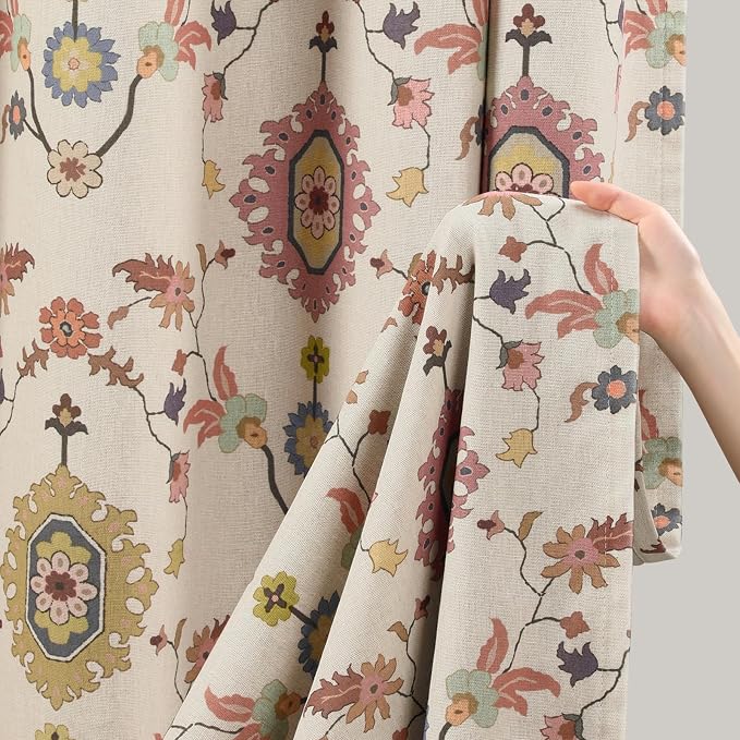 Boho Floral Blackout Curtains for Living Room, Beige Linen Textured Drapes with Colorful Bohemian Print 96 Inches Long 2 Panels Set Vintage Farmhouse Rustic Window Curtains Grommet Top