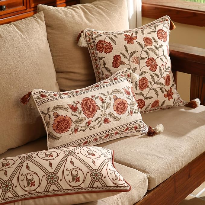 ISAENNE Designer Elegant Linen Throw Pillow Cover,Set of 4-Albano ABCD | French Cottage Pillow Cover,Concealed Zipper,Floral Pattern,Sofas,Bedroom,Living Room,Lounge Chairs,All Season Home Decor