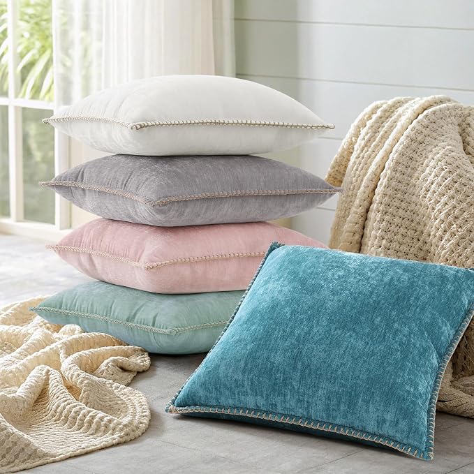 decorUhome Soft Chenille Throw Pillow Covers 12x12 Set of 2 Aqua Haze | Fall Textured Decorative Throw Pillow Cases Stitched Edge Modern Farmhouse Luxury Boho Velvet for Couch Sofa Bed Home Decor