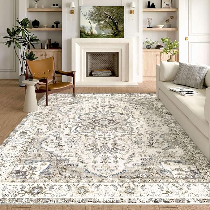 LUXRUG Washable Area Rug 8x10 - Large Cream Boho Rugs for Living Room Soft Vintage Bedroom Rug Ultra-Thin Farmhouse Oriental Distressed Carpet Non Slip Rug for Dining Room Guest Room Home Decor