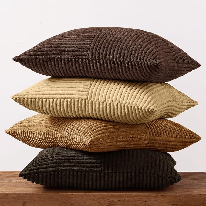 MIULEE Boho Decorative Throw Pillow Covers 20x20 Set of 4 Farmhouse Neutral Cushion Cases Gradient Corduroy Pillow Cases Modern Soft Corduroy Patchwork Home Decor for Couch Sofa Bedroom Camel Brown