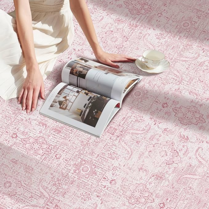 Rugxara Pink 4x6 Area Rug Washable Rug for Bedroom Nursery Girls Room | Non Slip, Throw Rug for Living Room Kids Room Entryway Dining, Stain Resistant, Soft, Low Pile, Vintage Boho Floral Carpet