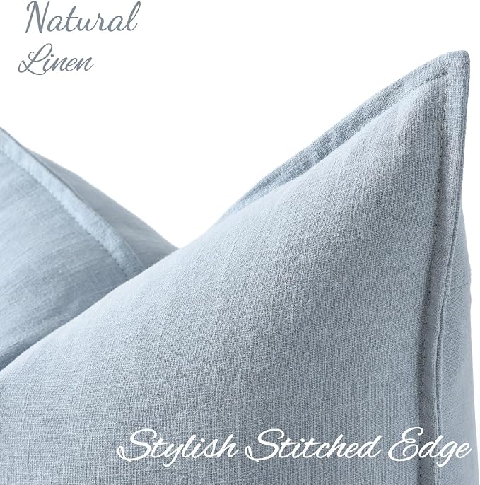 decorUhome Fall Sky Blue Linen Throw Pillow Covers 20x20 Set of 2 | Decorative Soft Cozy Modern Farmhouse Boho Accent Pillow Cases with Flange Edges for Couch Bed Sofa Living Room Home Decor