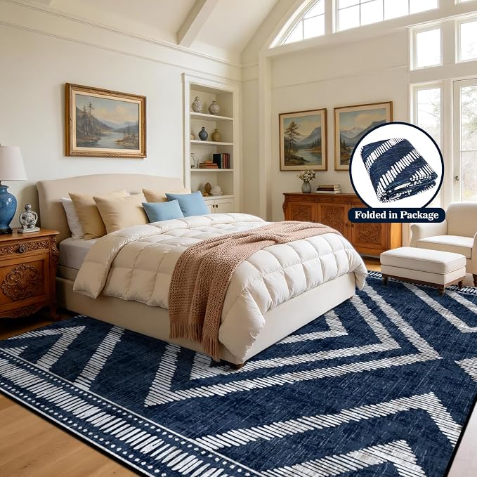 8x10Ft Boho Washable Area Rugs for Living Room, Navy Blue Thin Kids Nursery Bedroom Rugs Non Slip, Moroccan Soft Dining Room Area Floor Carpets for Playroom Kitchen Home Office Decor