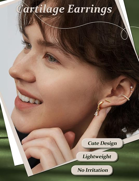 Hypoallergenic Silver Gold Earrings Stacks - 9 Pairs 14K Gold Plated Surgical Stainless Steel Earring Set for Sensitive Ears - Small Ear Piercing Flat Back Cartilage Earrings for Women Trendy Gifts
