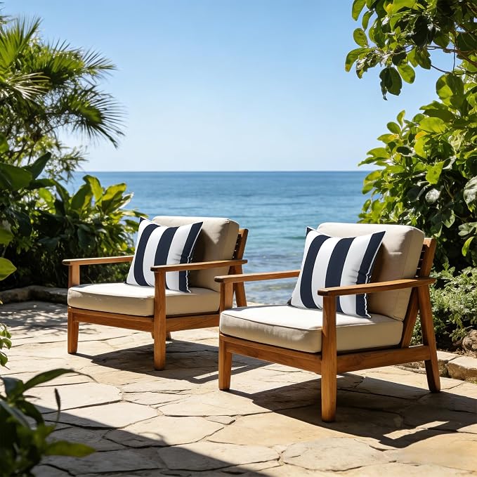 LVTXIII Set of 2 Patio Throw Pillows Waterproof 16"x16" Fade Resistant Outdoor Throw Pillows with Inserts, Fluffy Decorative Garden Toss Pillow Cushions for Home Patio Coach Sofa Use, Cabana Navy