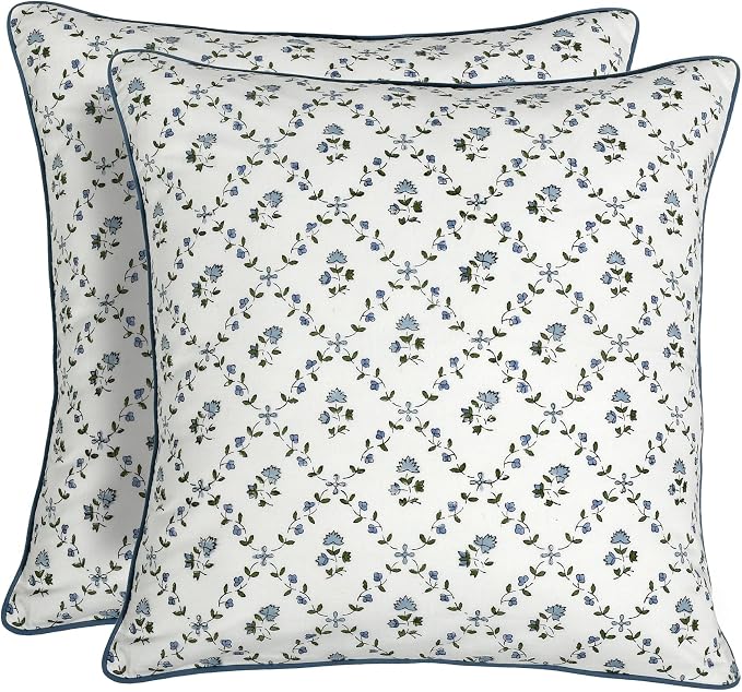 Ridhi Block Print Powder Blue Pillow Cover 16" x 16" (Pack of 2) Decorative Couch Pillows for Living Room, Farmhouse Chic Boho Cute Outdoor Pillows Covers Gifts for Spring, Mother's Day