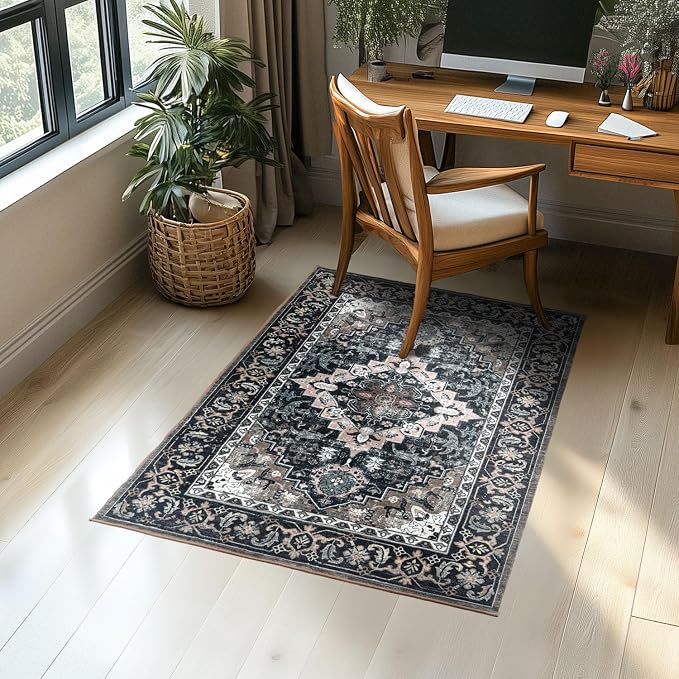 Lessymo 4 x 6 Area Rugs for Living Room- Machine Washable Area Rugs Boho Faux Wool Low Pile Area Rug for Bedroom Floral Medallion Vintage Rugs with Non-Slip Rubber, Black Brown