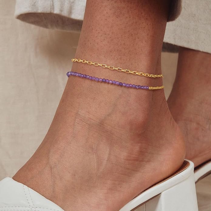 DREMMY STUDIOS Gold Anklet Bracelets for Women 14K Gold Plated Stone Handmade Beaded Link Chain Anklets Jewelry Gift