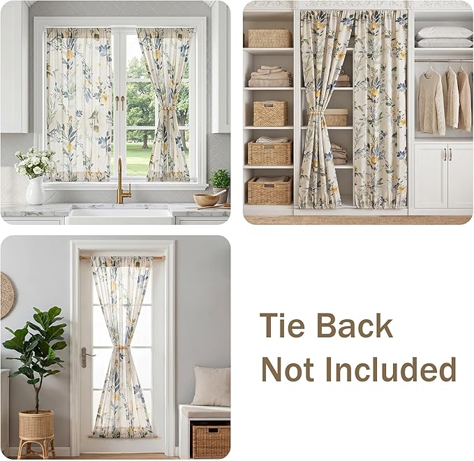 MYSKY HOME Floral Linen Door Curtains Blue Farmhouse Privacy Door Window Curtains Semi Sheer Doorway Light Filtering Rod Pocket Curtain Patio Glass Door, 26 x 40 inches Long, 2 Panels