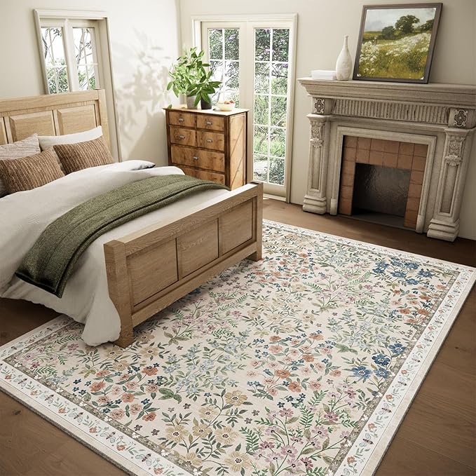 Machine Washable Rugs for Living Room: 6x9 Area Rugs for Bedroom Vintage Stain Resistant Non Slip Low Pile Soft Carpet Rug for Kitchen Dining Room Farmhouse Kids Room Nursery Playroom