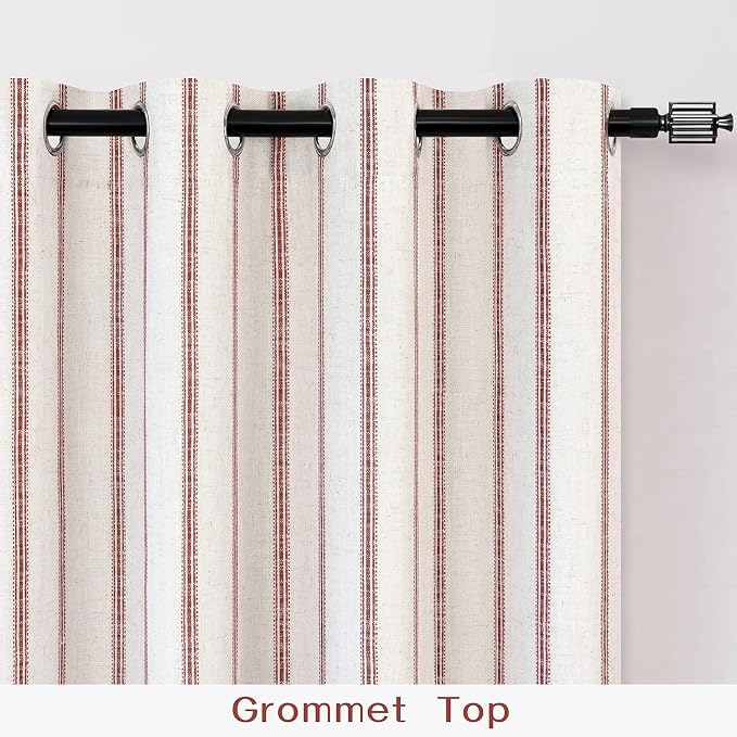 DriftAway Farmhouse Linen Stripe Blackout Curtains, W52xL108, Red | Blackout, Linen Texture, Stripe Pattern, Rod Pocket & Back Tab, Two Layers, Bedroom Living Room Use, Sound Reducing Design