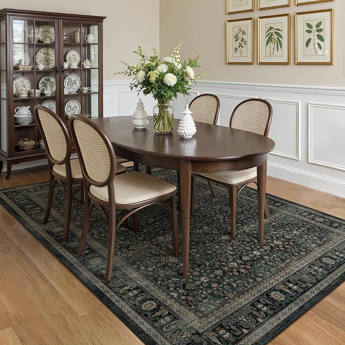 5x8 Area Rug Living Room, Vintage Moroccan Floral Trellis Dining Room Rugs for Under Table, Washable Non Slip Thin Carpet Rug for Den/Home Office/Kitchen/Foyer, Teal Green Brown Accents
