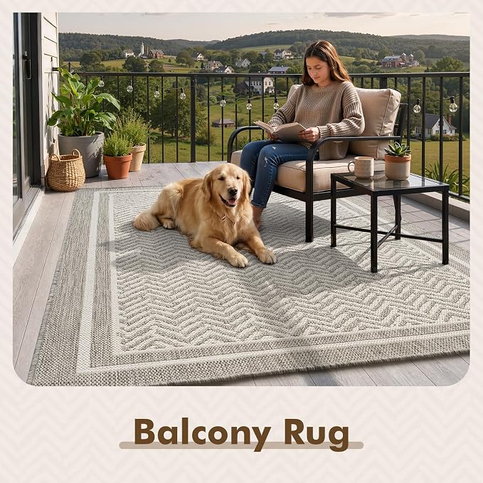 MontVoo-Outdoor Rug-Patio Rug 8x10 Polypropylene Indoor Outdoor Rugs Outdoor Carpet for Patio Deck Balcony Porch, Textured Weave, Durable for High Traffic, Fade-Resistant, Boho Farmhouse Silver Grey