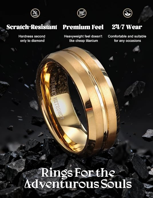 Jstyle Tungsten Wedding Rings for Men Black/Silver/Gold Mens Wedding Band 8MM Mens Engagement Rings Groove Beveled Edges High Polish/Matte Finish Men's Promise Ring Comfort Fit Size 7-14