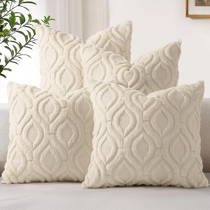 decorUhome Beige Faux Fur Soft Throw Pillow Covers 20x20 Set of 4 | Fall Neutral Decorative Plush Couch Pillow Covers, Accent Modern Farmhouse Neutral Pillow Cases for Sofa Bed Living Room