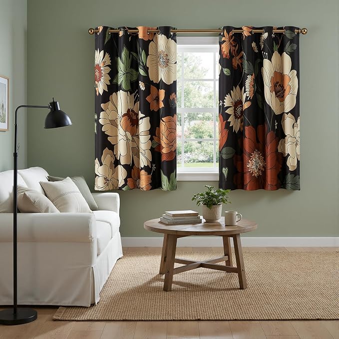 jinchan Black Boho Floral Blackout Curtains 63 Inch Grommet 2 Panels | Room darkening, Vintage, living room, bedroom, privacy, floral print, flower pattern, fall decor, window treatments