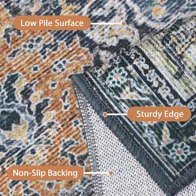 BESBLEE 6X9 Area Rugs Machine Washable Rugs for Living Room, Vintage Boho Large Rugs for Bedroom Dining Room, Non Slip Indoor Soft Distressed Lightweight Thin Low Pile Carpet, Beige Blue Grey