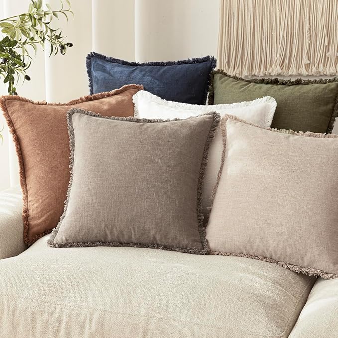 Foindtower Set of 2 Decorative Linen Fringe Throw Pillow Covers Boho Farmhouse Cushion Cover with Tassels Soft Accent Pillowcase for Couch Chair Sofa Bed Living Room Home Decor,20×20 Inch,Brown Tan