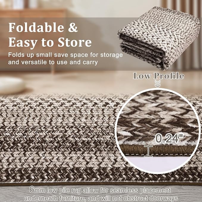 9x12 Living Room Rug Large Washable Rug Non Slip Boho Accent Braided Print Carpet Indoor Throw Floor Cover Farmhouse Rustic Area Rug Bohemian Border Carpet for Bedroom Home Decor, Mocha