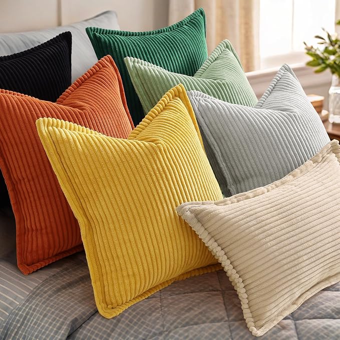 decorUhome Fall Corduroy Green Throw Pillow Covers 12x20 Set of 2 | Lumbar Couch Decorative Soft Modern Boho Farmhouse Pillow Covers Broadside Striped Pillow Cases for Living Room Bed Sofa