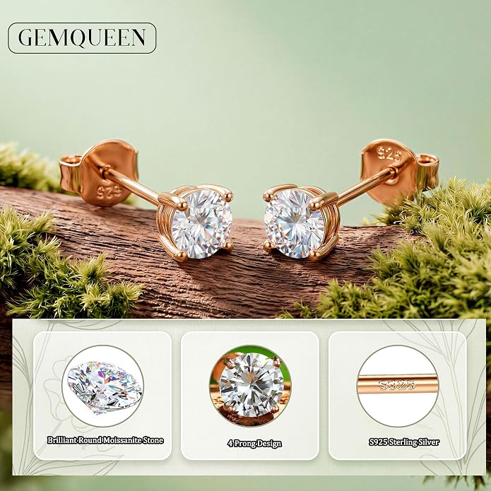 Moissanite Stud Earrings : 18K White Gold Plated Solid 925 Sterling Silver Earring Hypoallergenic Dainty Flat Back Stud Earrings Jewelry for Women Men D Color VVS1 Clarity
