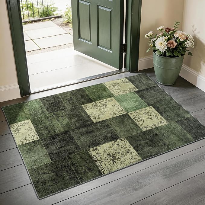 LIANLAM 2x3 Washable Entryway Rug,Non-Slip Indoor Door Mat with Vintage Boho Checkered Pattern, Stain & Water Resistant Faux Wool Low Pile for Front Door,Hall,Kitchen,Bathroom - Easy Clean(2x3,Green)