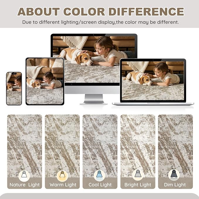DMOYEST 9x12 Washable Area Rug: Abstract Modern Non-Slip Carpet, Soft Low Pile Indoor Neutral Easy Clean Floor Rugs for Living Room Bedroom Dining Room Kids & Pets - Brown