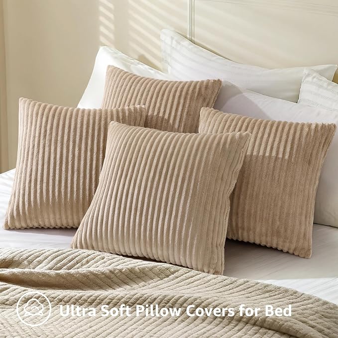 decorUhome Flannel Light Brown Throw Pillow Covers 18X18 Set of 4 | Decorative Fall Soft Fluffy Striped Double-Sided Couch Pillow Covers, Modern Farmhouse Pillow Cases for Sofa bed Home Decor