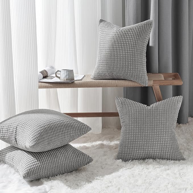 Topfinel 4 Packs Decorative 20x20 Inch Grey Throw Pillow Covers for Living Room Couch Bed, Rustic Modern Home Decor, Soft Corduroy Small Bulge Accent Square Cushion Case 50x50 cm(Light Grey)