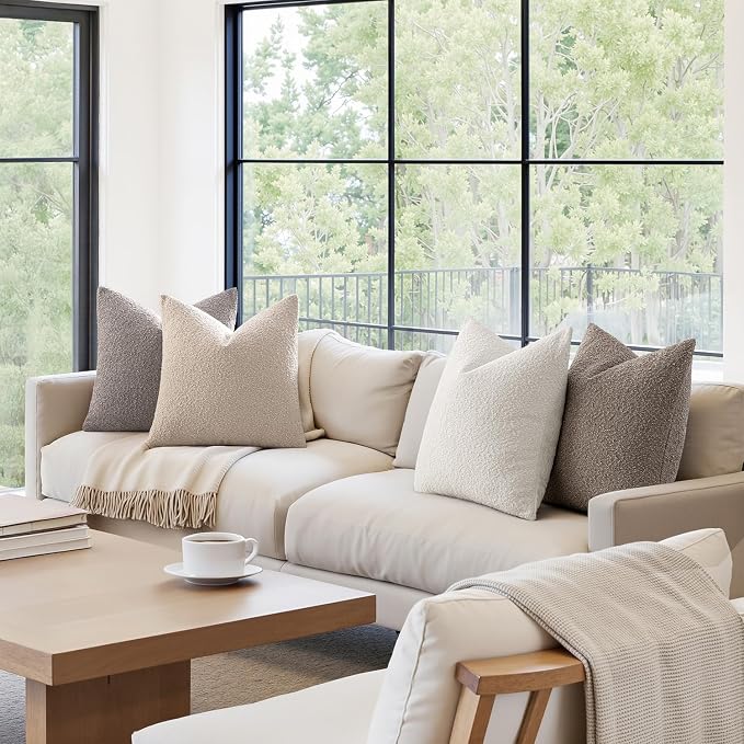 MIULEE Decorative Boucle Throw Pillow Covers 18x18 Inch Neutral Set of 4 | Textured Accent Pillow Cases Soft Couch Cushion Covers for Modern Farmhouse Boho Sofa Bed Livingroom Home Decor