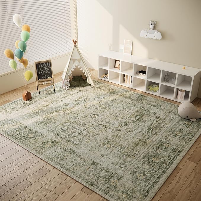 Machine Washable Living Room Rug: 5x7 Area Rugs for Bedroom Non Slip Low Pile Soft Faux Wool Non Shedding Vintage Boho Carpet Rugs for Dining Room Kitchen Entryway Nursery Farmhouse Home Office Indoor