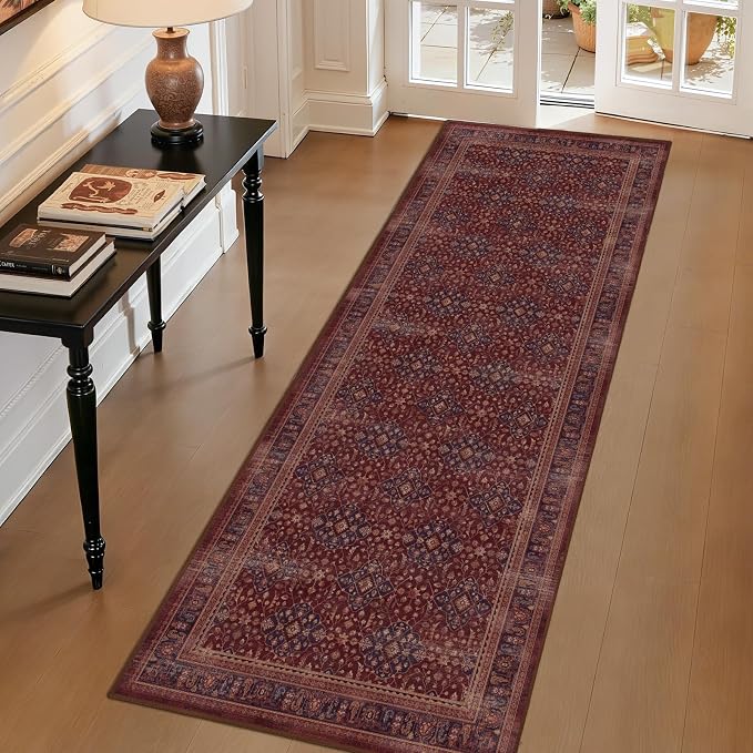 Amber Red 2x6 Kitchen Runner Rugs Non Skid Washable, Earth Tone Vintage Distressed Carpet Runners for Hallways 6ft, Luxurious Boho Floral Trellis Runner Bedroom/Bathroom/Entryway/Laundry Room