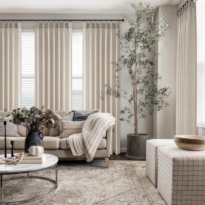 Topfinel 105 Inch Pinch Pleated Linen Curtains 1 Panels,Oatmeal Semi Sheer Curtains with Pleated Hooks Back Tab for Track System,Extra Long 8.75ft Curtain for Living Room Bedroom,72x105,Beige
