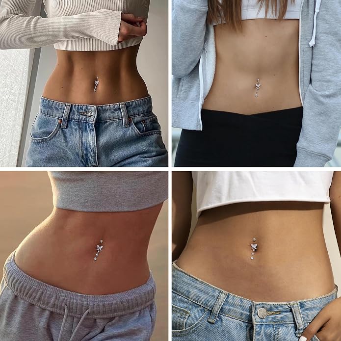 ZELORES 925 Sterling Silver 14G Dangle Belly Button Rings Barbell Belly Rings CZ Opal Belly Body Piercing Jewelry for Women