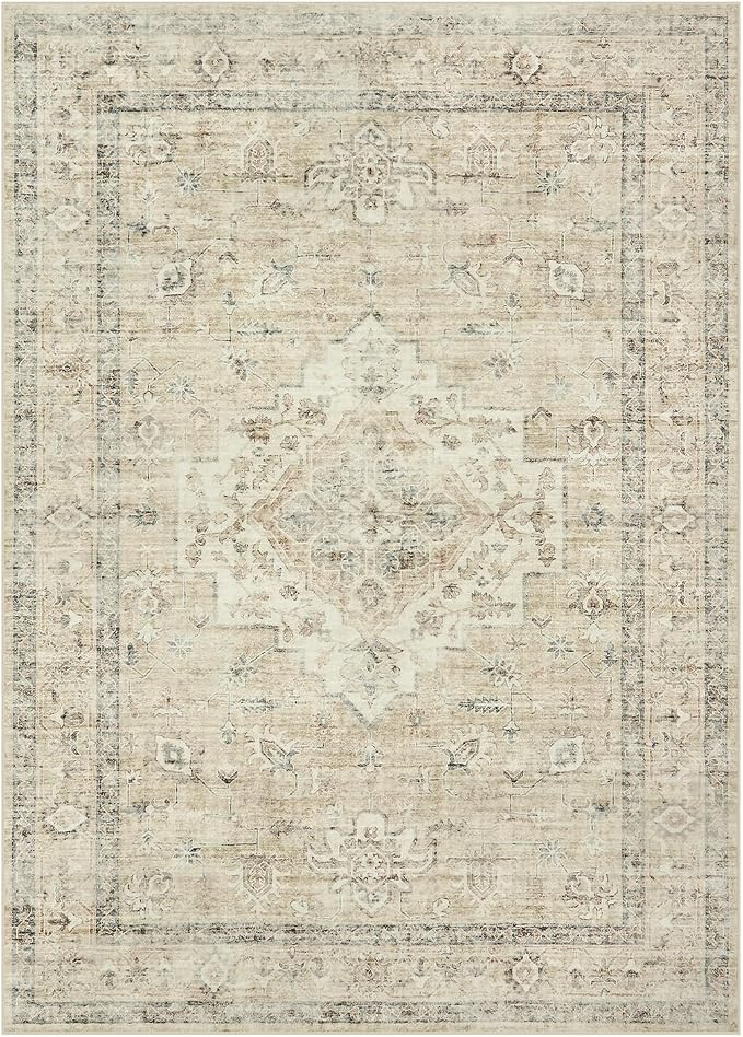 LIVEBOX Bedroom 4x6 Washable Area Rug for Entryway Kitchen, Non-Slip Soft Boho Rugs for Dining Room Office, Farmhouse Low-Pile Neutral Soft Carpet for Nursery Room Playroom, Tan