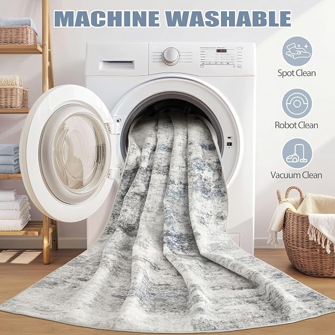 DMOYEST 6ft Round Area Rug for Living Room - 6x6 Washable & Non Slip Circle Rug, Kid & Pet Friendly Soft Low Pile Abstract Carpet for Bedroom and Dining Room - Grey Blue
