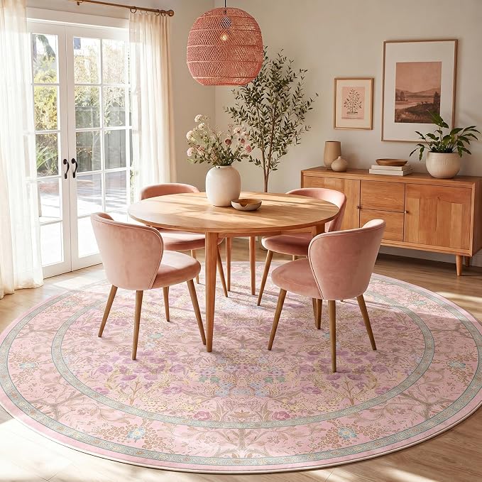 Lunasun Light Pink Large Round Rug for Living Room - 8ft Circle Area Rug for Bedroom, Kids Room, Home Office, Foyer, Non Slip Washable Botanical Floral 8 x 8 Décor