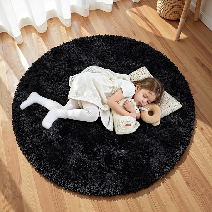 Black Round Fluffy Rug 5ft Plush Fuzzy Shaggy Carpet,Soft Rugs for Living Room for Nursery,Preppy Dorm,Classroom,Playroom,Teen,Baby Home Decor (Black 5"x5")
