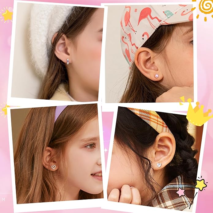 THUNARAZ Hypoallergenic Earrings for Girls Women Surgical Stainless Steel Earrings Set for Sensitive Ears Screw Back Stud Earrings Kids Toddler Cute Heart Hoop Earrings Jewelry Gift for Teen Girls