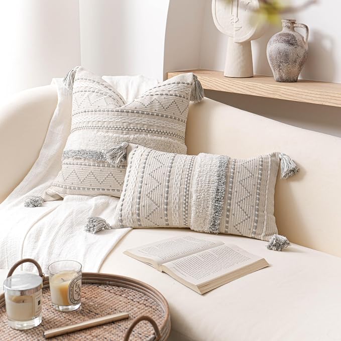 BlissBlush 12x20 Lumbar Pillow Cover, Cream Neutral Rectangular Decorative Cushion Cover with Gray Pattern, Boho Accent Pillowcase with Tassels for Couch Sofa Living Room (Cover Only)